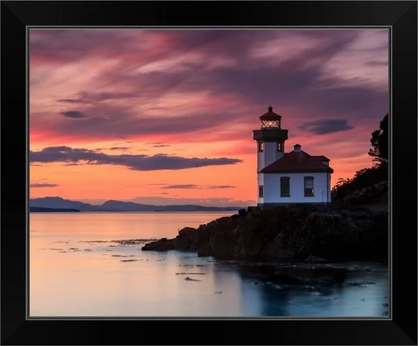 Orange Sunset at Lime Kiln Lighthouse - Black Framed Wall Art, 20x16, Great Big Canvas