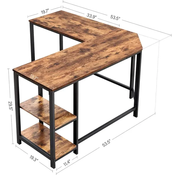 Veikous 53.5 in. W Industrial L-Shaped Computer Writing Corner Desk with 2-Shelves