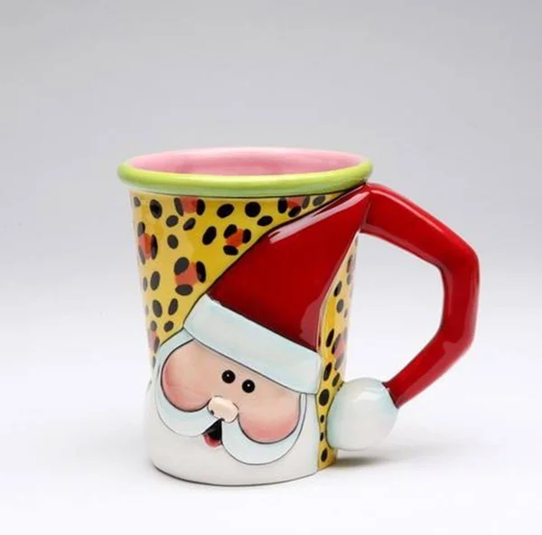 Set of Four 4.25 inch Red - White, Green and Leopard Print Santa Mugs