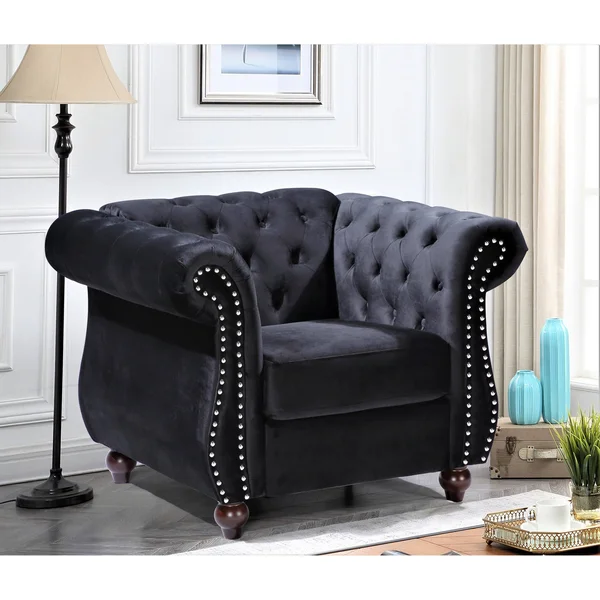Kemos Classy Velvet Chesterfield Armchair - Black