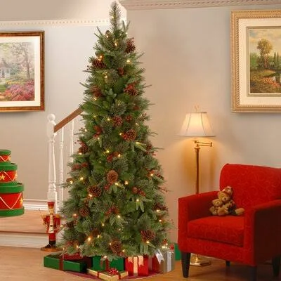 Colonial Slim 7.5& Green Spruce Artificial Christmas Tree with 400 Clear/White Lights The Holiday Aisle