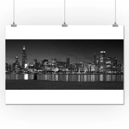 Chicago Panoramic Skyline Black and White Photography A-90348 (24x36 Giclee Gallery Print, Wall Decor Travel Poster), Size: 24 i, 36 x 24 in