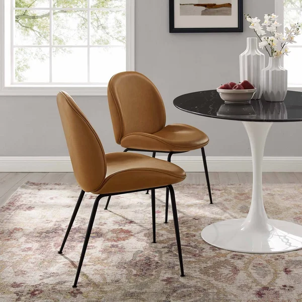 Modway Scoop Black Powder Coated Steel Leg Vegan Leather Dining Chairs - Set of 2 - Tan