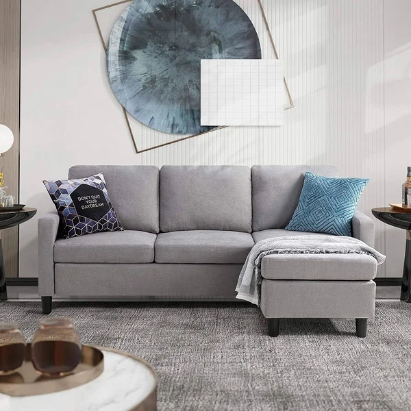 Futzca Convertible Sectional Sofa Couch with Reversible Chaise, Modern Linen Fabric L-Shaped Couch for Small Space - Ash