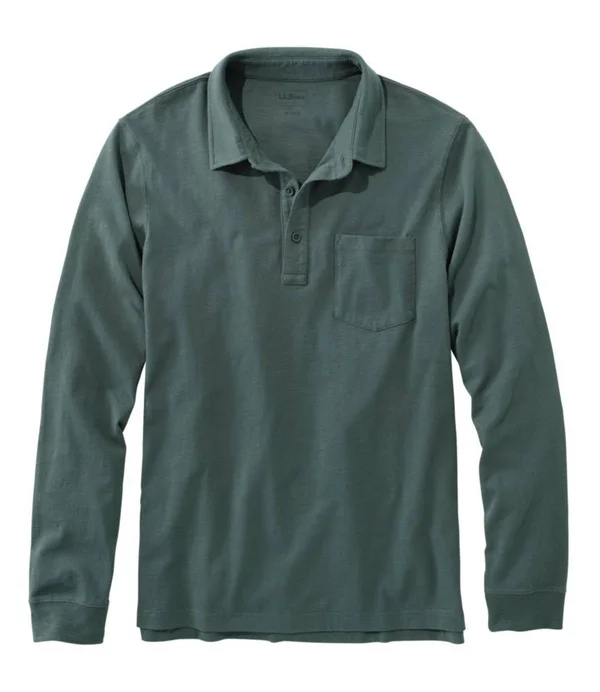 Men's Tall Lakewashed Organic Cotton Polo with Pocket - Long-Sleeve Green Medium, L.L.Bean