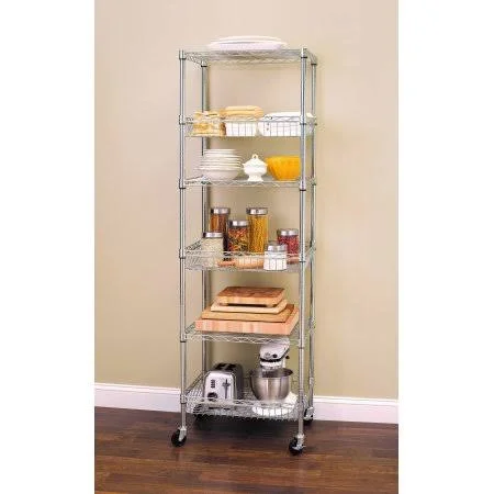HSS 18x22Dx24x22Wx75x22H - 6 Tier Wire Shelving Tower Rack with Casters, Chrome.