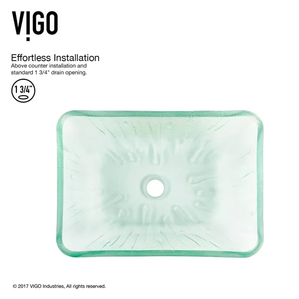 Vigo VGT1800 Rectangular Icicles Glass Vessel Bathroom Sink Set with Linus Vessel Faucet in Brushed Nickel