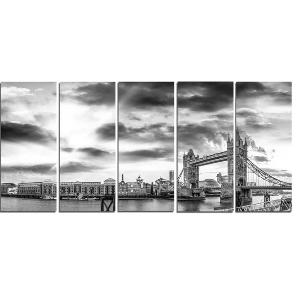 Design Art Black and White View of London Panorama - Cityscape Canvas Print, 60 in. Wide x 28 in. High - 5 Equal Panels