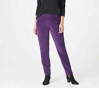 Quacker Factory Regular Knit Corduroy Pull-On Slim Leg Pant - Size Medium, Eggplant