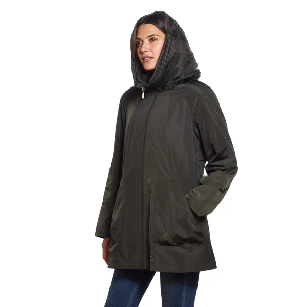 Martha Stewart Pleated Hood Rain Coat, Polyester in Deep Olive, Xs