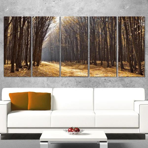 Design Art 'Light in The Forest Path Panorama' 5 Piece Photographic Print on Wrapped Canvas Set, Brown