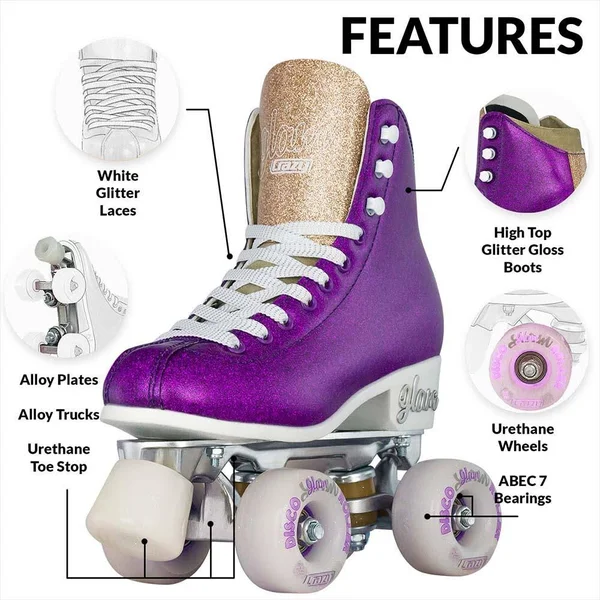Disco Glam Roller Skates, Glamorous Glitter Quad Skates Teal Glitter, US Mens 3.5, US Ladies 4, EU 35