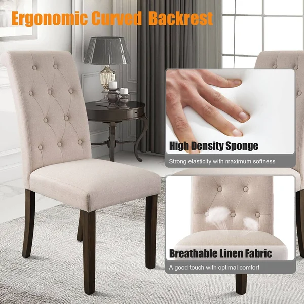Beige Linen Tufted Dining Chair with Solid Wood Legs (Set of 2)