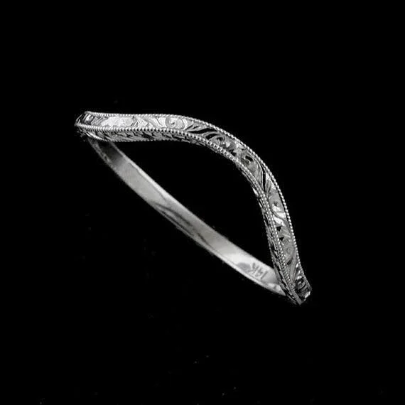 Deep Curved Ring, Vintage Style Wedding Ring, Contour Wedding Band, Engraved Thin Band, Delicate 1.6mm 14K Gold Nickel Free Gold