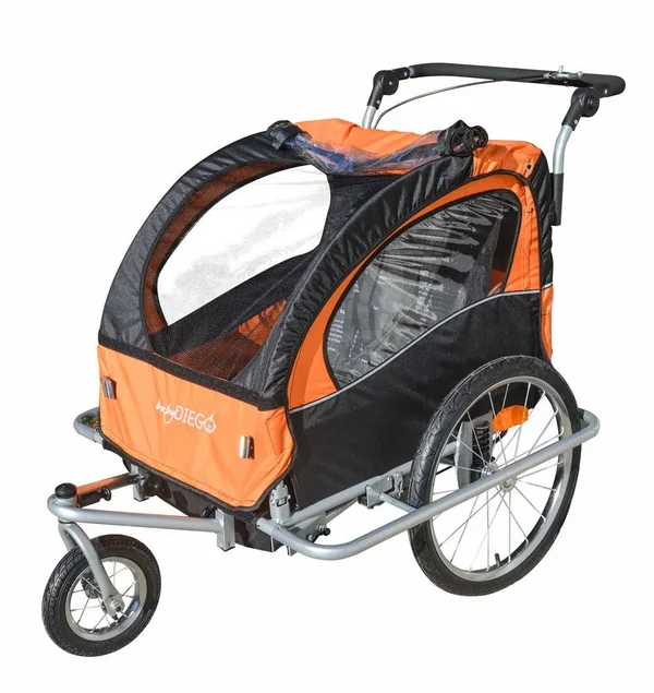 Baby Diego 2-in-1 Double Bike Trailer and Jogger Stroller in Orange