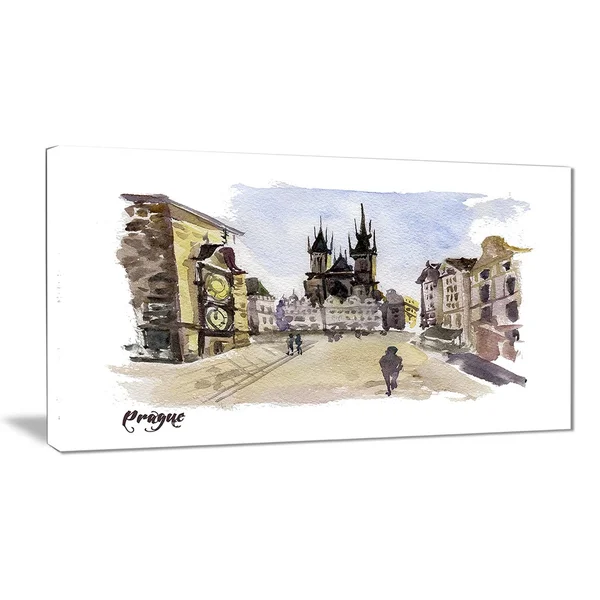 Design Art Prague Hand'drawn Illustration' Cityscape Painting Canvas Print - Green, 40 in. Wide x 20 in. High