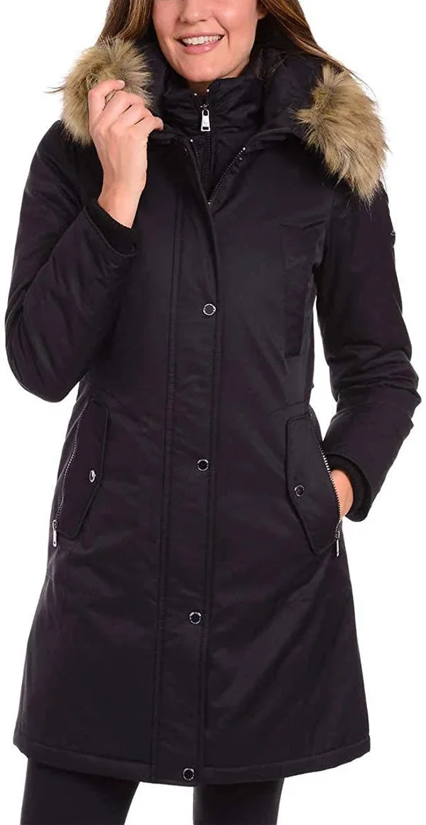 1 Madison Ladies& Water Resistant Long Parka with Faux Fur Hood - Black