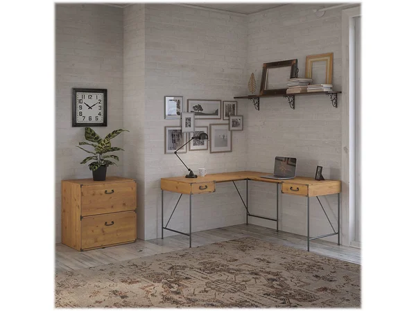 Kathy Ireland Home by Bush Furniture Ironworks 60W L Shaped Writing Desk with 2 Drawer Lateral File Cabinet, Vintage Golden Pine