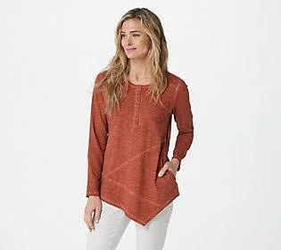 Logo by Lori Goldstein Distressed Cotton Slub Henley Top, Size 2X, Burnt Brick