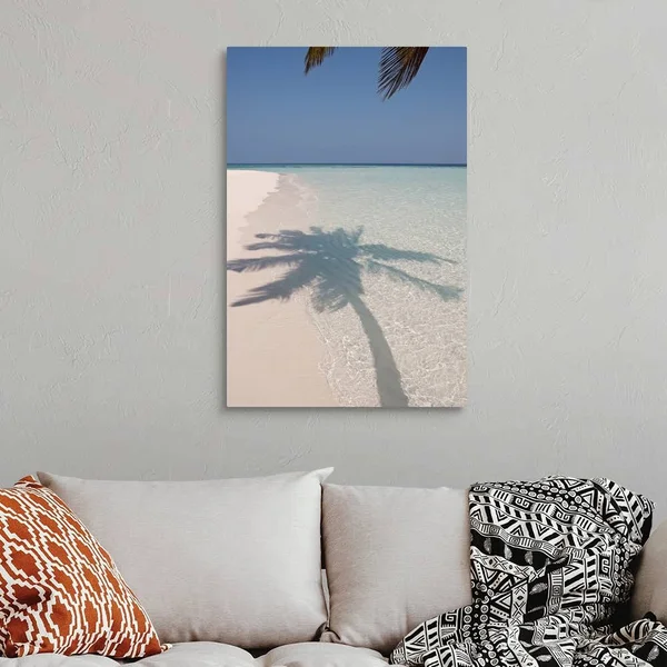 Shadow of A Palm Tree on A Deserted Island Beach, Canvas Wall Art, 24x36, Great Big Canvas