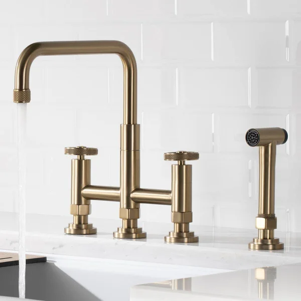 Kraus KPF-3125BG Urbix Industrial Bridge Kitchen Faucet with Side Sprayer Brushed Gold