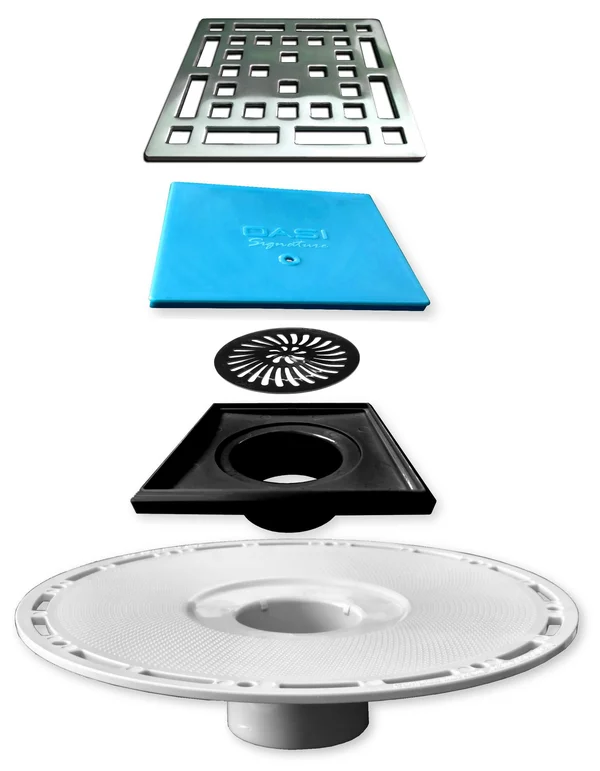 Square Shower Drain Kit with Stainless Steel Grate, Bonding FLANGE, Hair Catcher, and Height Adjuster - Classic - Polished Chrom