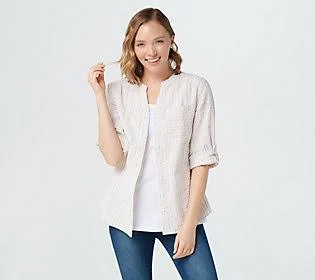 Denim & Co. Stretch SeersuckerTop with Tank - Size Small, New Stone