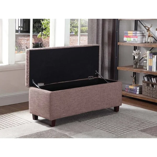 Button Tufted Storage Ottoman with Nailhead, Brown Color
