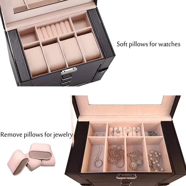 Homde Synthetic Leather Huge Jewelry Box Mirrored Watch Organizer Necklace Ring Earring Storage Lockable Gift Case (Black)