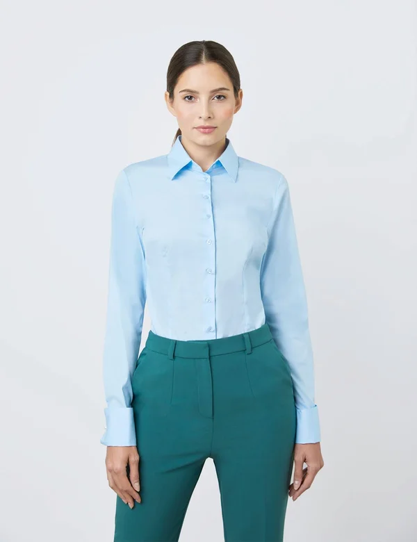Hawes & Curtis Women's Fitted Cotton Stretch Shirt in Ice Blue, Size 12, Double Cuff