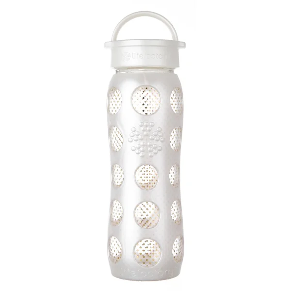 Lifefactory 22 oz Glass Water Bottle with Classic Cap and Silicone Sleeve - 24K Fused Gold - Pearl Dot