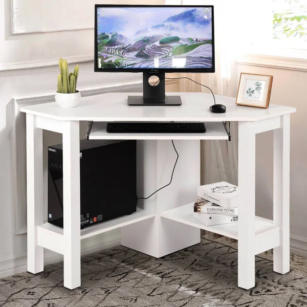 Costway Wooden Study Computer Corner Desk with Drawer-White