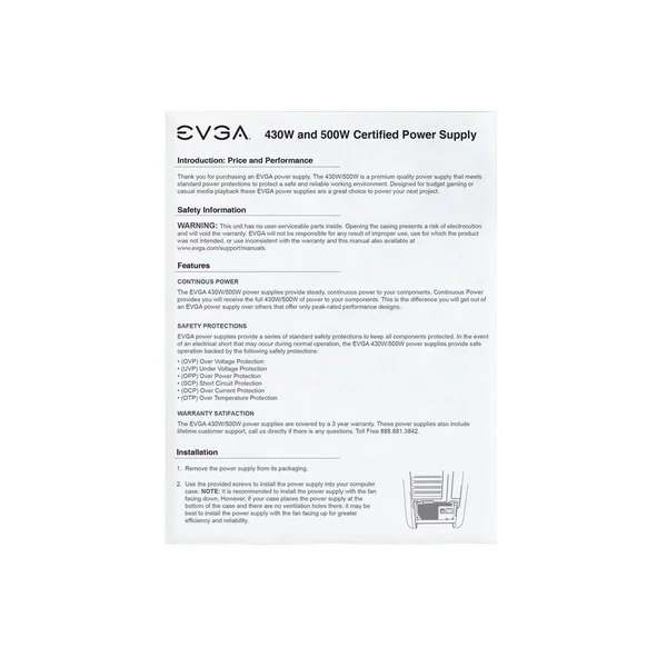 EVGA 500 W1, 80+ White 500W Power Supply( 100-W1-0500-KR)
