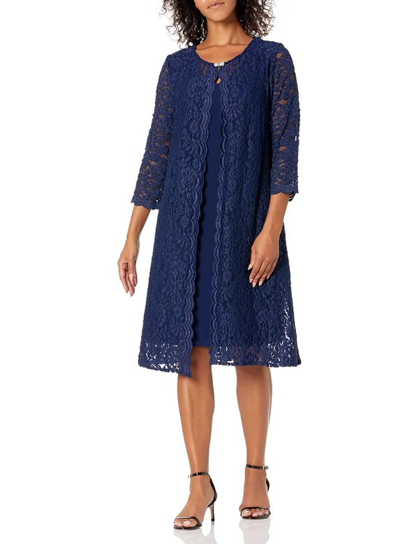 Alex Evenings Women's Plus Size Lace Mock Jacket Cocktail Dress (16W - Navy)