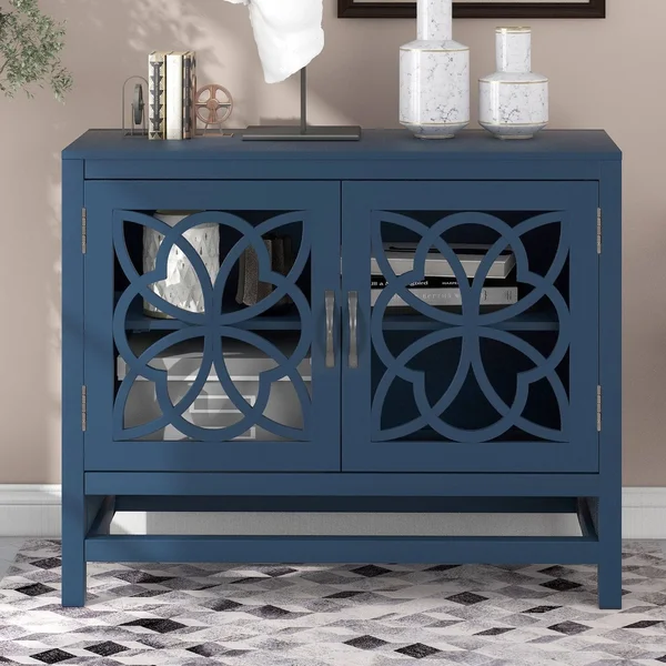 Wood Accent Buffet Sideboard Storage Cabinet with Doors & Shelf - Brown - Navy Blue