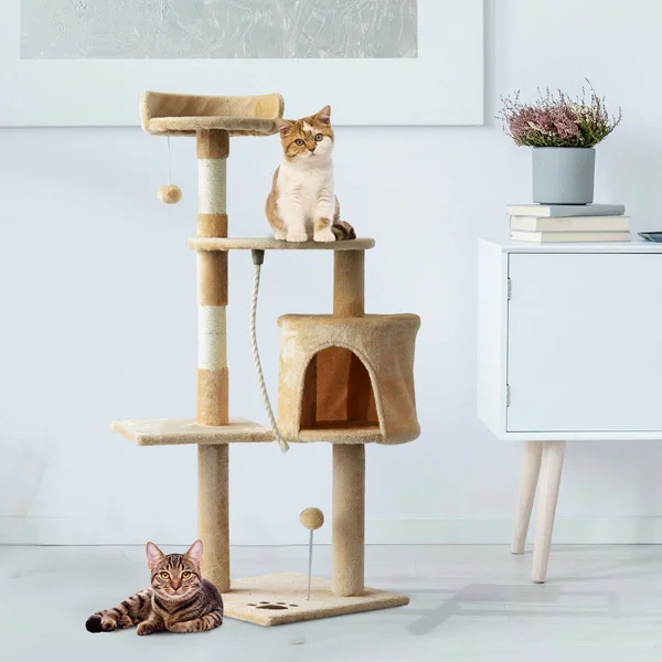 PawHut 45x22 Plush Sturdy Interactive Cat Condo Tower Scratching Post Activity Tree House - Beige - White