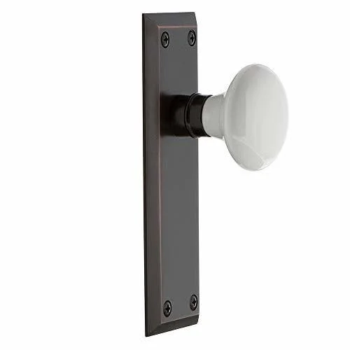 Nostalgic Warehouse 733133 New York Plate Privacy White Porcelain Door Knob, Oil-Rubbed Bronze