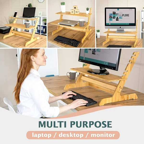 Crew & Axel Standing Desk Converter 100% Natural Bamboo Adjustable Sit Stand Riser Workstation for Desktop or Laptop, Dual M