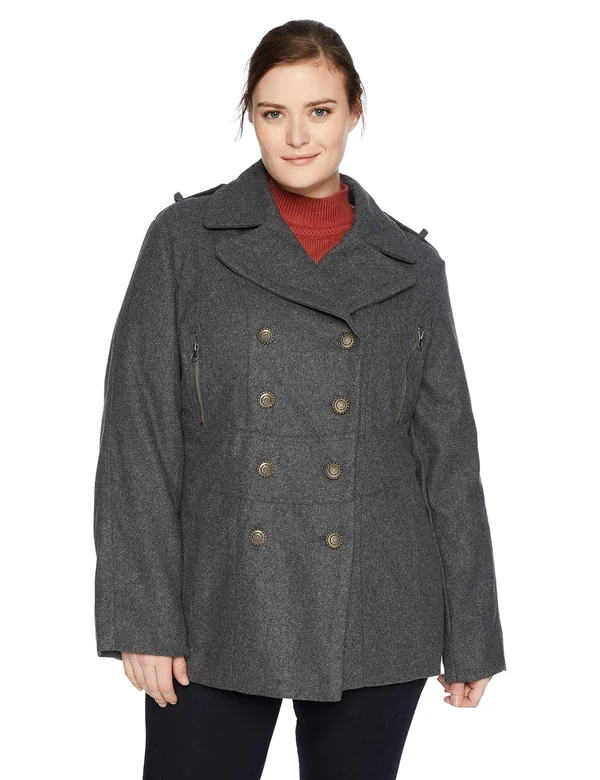 Excelled Women's Plus Size Wool Blend Double Breasted Peacoat with Waist Tab Detail - 2x - Grey