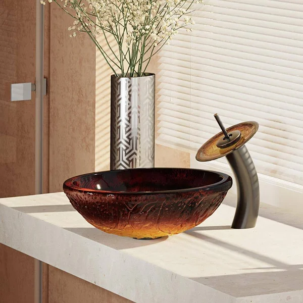 Rene R5-5018-WF-ABR Red Lava Glass Bathroom Sink with Antique Bronze Waterfall Faucet, Sink Ring, and Vessel Pop-Up Drain