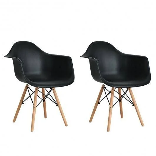 Set of 2 Mid Century Modern Molded Dining Arm Side Chair-Black - Black