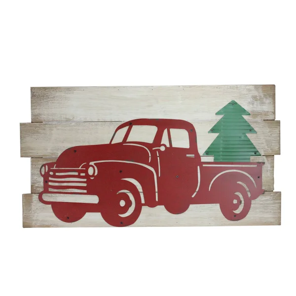 Raz 28x22 Rustic Wood and Metal Red Truck Carrying Tree Wall Art