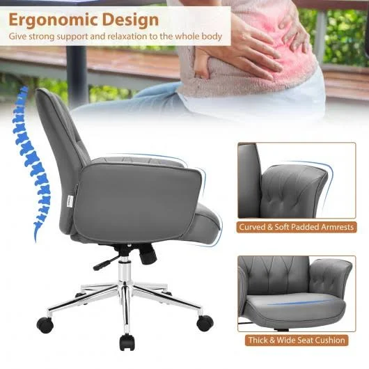 Modern Home Office Leisure Chair PU Leather Adjustable Swivel with Armrest-Gray