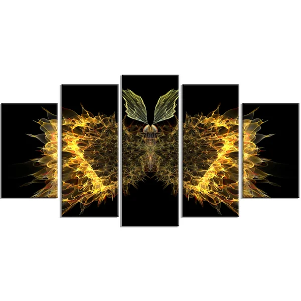Design Art Golden Fractal Butterfly in Dark - Large Abstract Art Canvas Print - Yellow, 60 in. Wide x 28 in. High - 5 Equal Pane