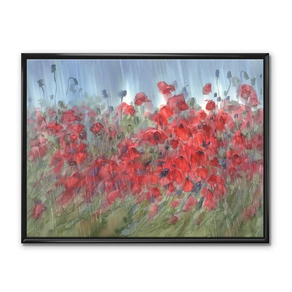 Designart 'Red Poppies in The Rain' Farmhouse Framed Canvas Wall Art Print - 32 in. Wide x 24 in. High - White
