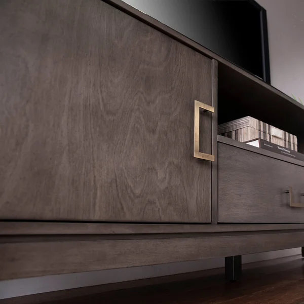 The Gray Barn BarLock Transitional Brown Wood Media Stand - Graywash