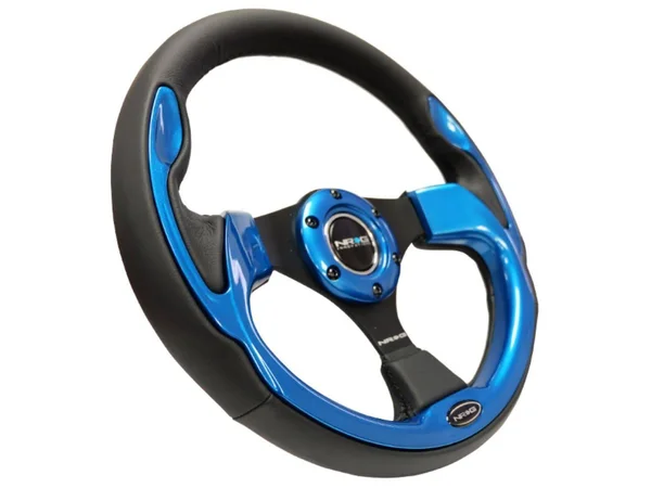 NRG Innovations RST-001BL 3-Spoke Pilota Series Black Leather Reinforced Steering Wheel with Blue Trim