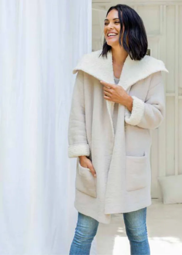 Barefoot Dreams - CozyChic Shearling Drape Car Coat in Stone Cream Xs