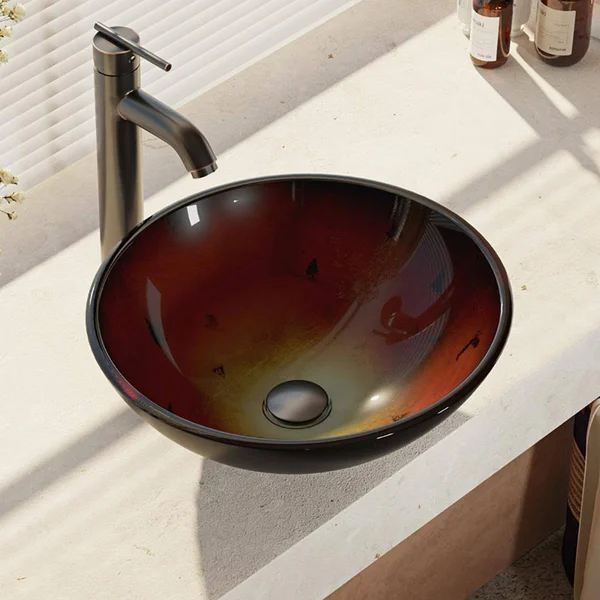 Rene R5-5007-R9-7001 16-1/2x22 Glass Vessel Bathroom Sink with Vessel Faucet Sink Foil Undertone