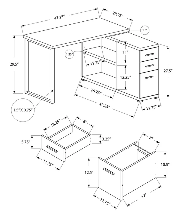 47.25x22 x 47.25x22 x 29.5x22 Grey Silver Particle Board Hollow Core Metal Computer Desk with A Hollow Core